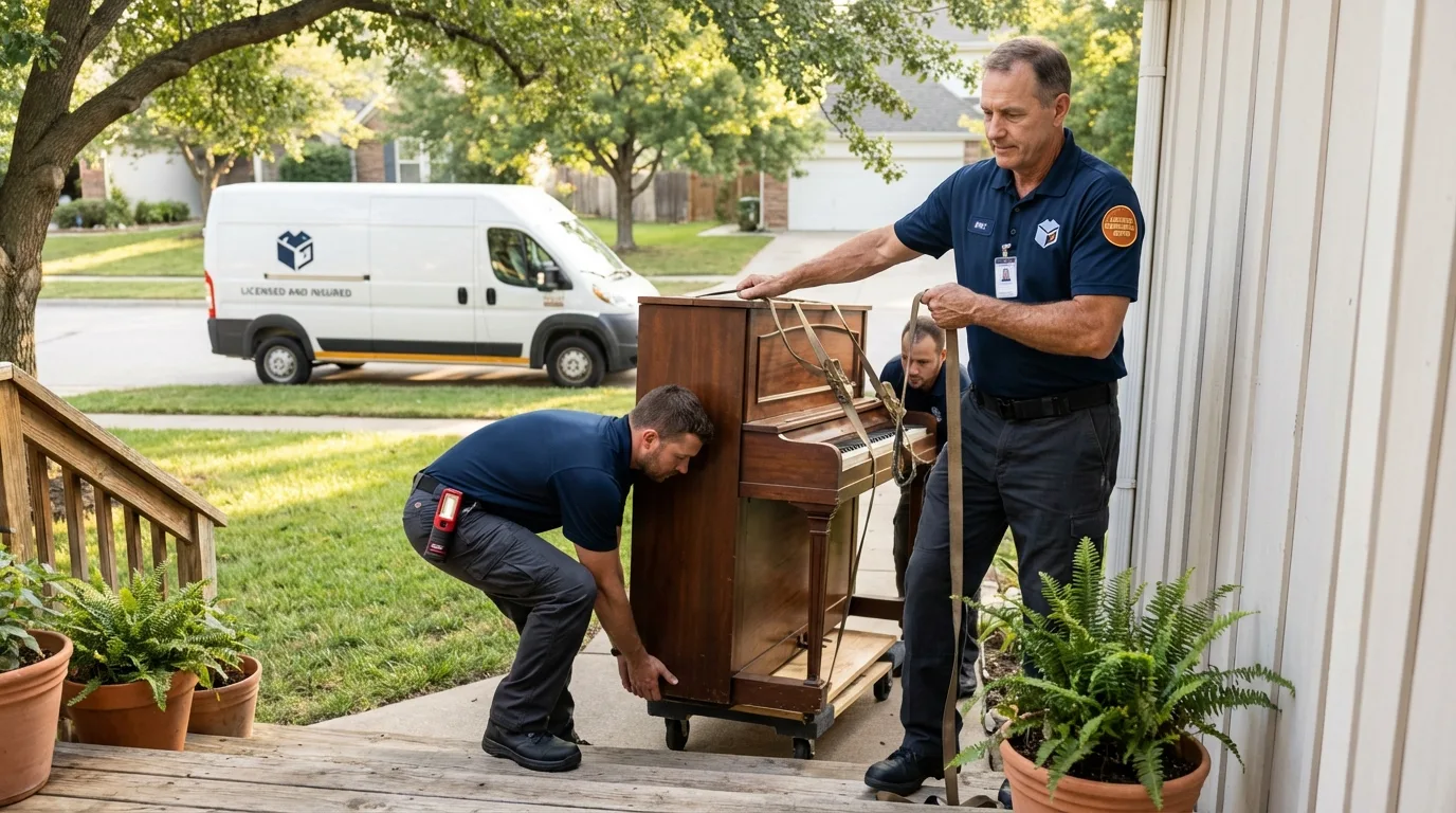 Licensed piano movers securing grand piano in Osakis, MN