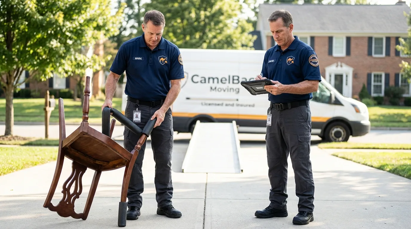 Movers inspecting furniture for damage prevention before loading in Osakis, MN