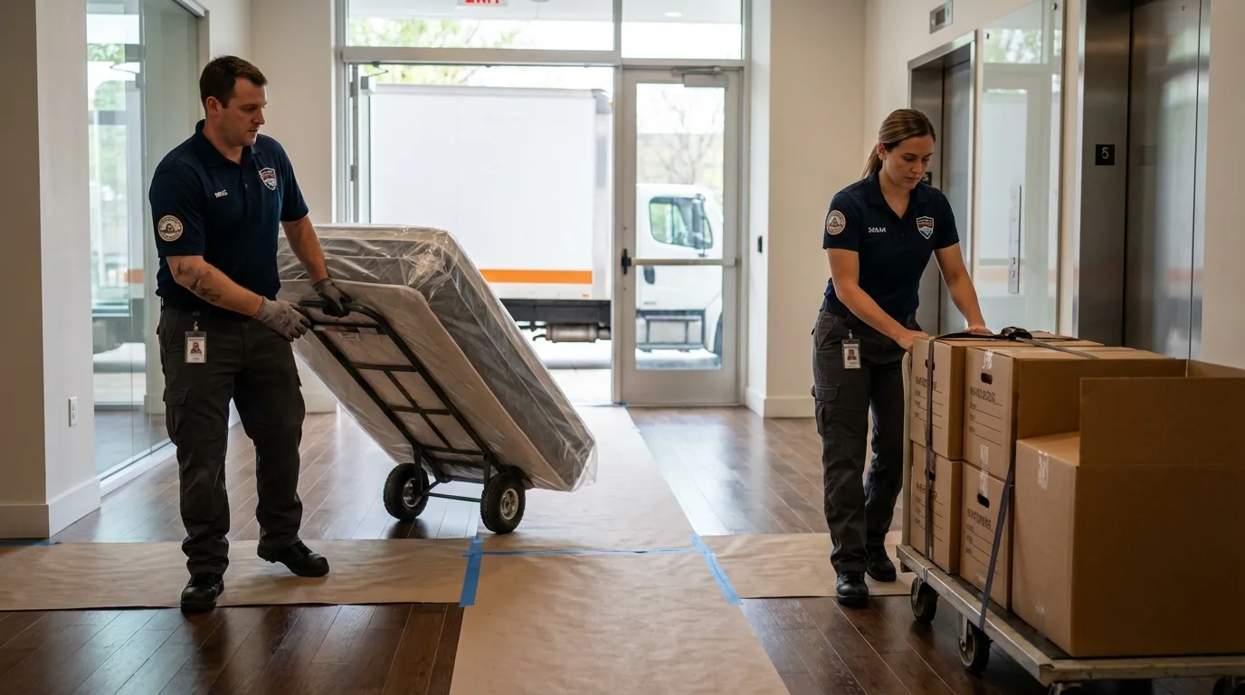 Professional apartment movers loading elevator in Osakis, MN